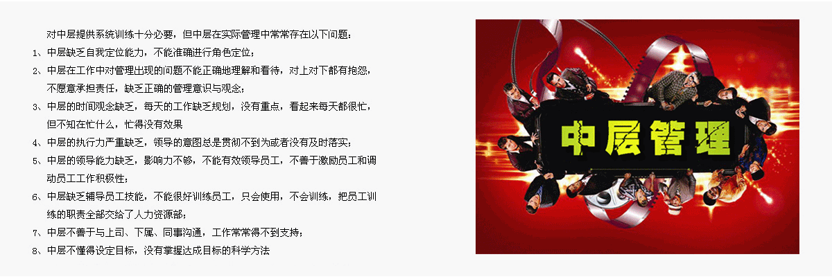     對中層提供系統(tǒng)訓(xùn)練十分必要，但中層在實際管理中常常存在以下問題：
1、	中層缺乏自我定位能力，不能準(zhǔn)確進行角色定位；
2、	中層在工作中對管理出現(xiàn)的問題不能正確地理解和看待，對上對下都有抱怨，不愿意承擔(dān)責(zé)任，缺乏正確的管理意識與觀念；
3、	中層的時間觀念缺乏，每天的工作缺乏規(guī)劃，沒有重點，看起來每天都很忙，但不知在忙什么，忙得沒有效果
4、	中層的執(zhí)行力嚴(yán)重缺乏，領(lǐng)導(dǎo)的意圖總是貫徹不到為或者沒有及時落實；
5、	中層的領(lǐng)導(dǎo)能力缺乏，影響力不夠，不能有效領(lǐng)導(dǎo)員工，不善于激勵員工和調(diào)動員工工作積極性；
6、	中層缺乏輔導(dǎo)員工技能，不能很好訓(xùn)練員工，只會使用，不會訓(xùn)練，把員工訓(xùn)練的職責(zé)全部交給了人力資源部；
7、	中層不善于與上司、下屬、同事溝通，工作常常得不到支持；
8、	中層不懂得設(shè)定目標(biāo)，沒有掌握達(dá)成目標(biāo)的科學(xué)方法。